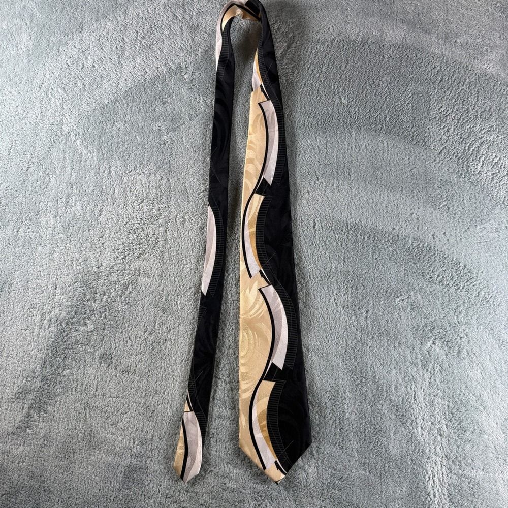 Pantani Mens Silk Tie Black Gold Silver Geometric Abstract Hand Made Necktie